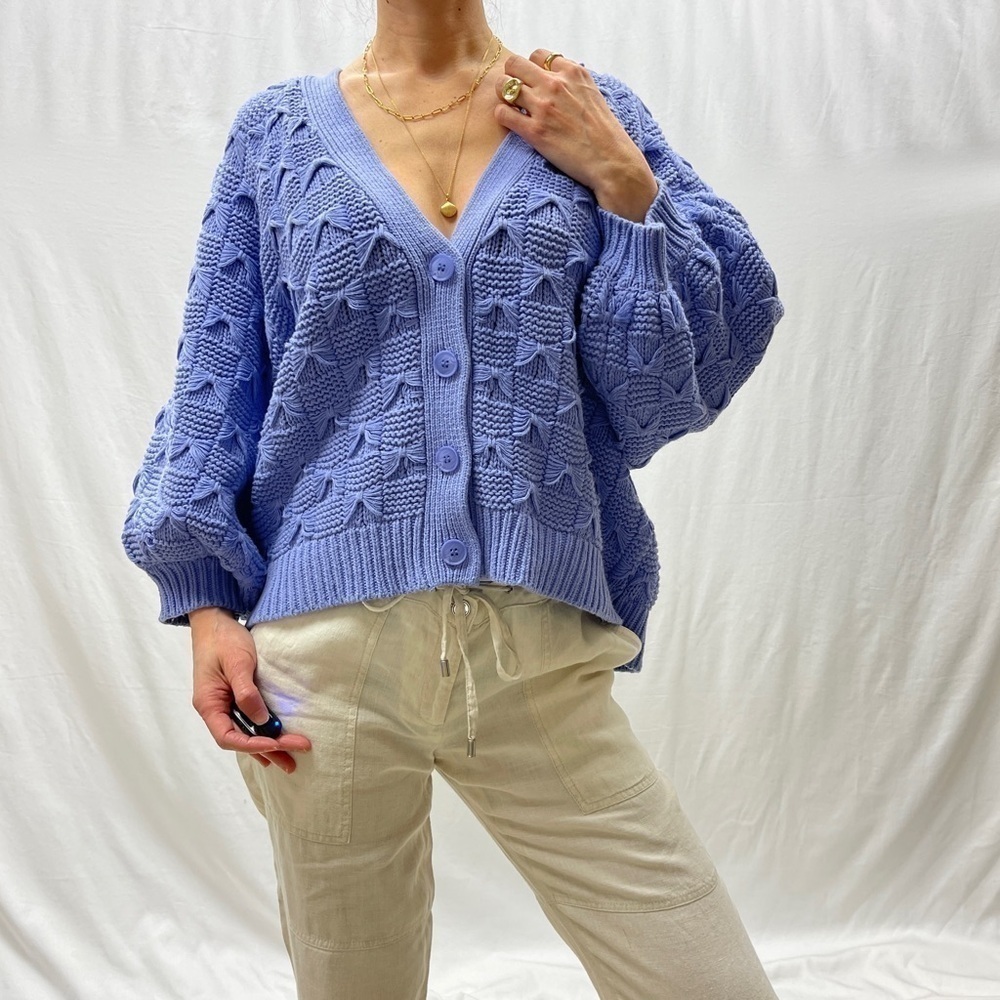 JustFab knit cardigan crocheted short size 3X purple Lila coquette bows